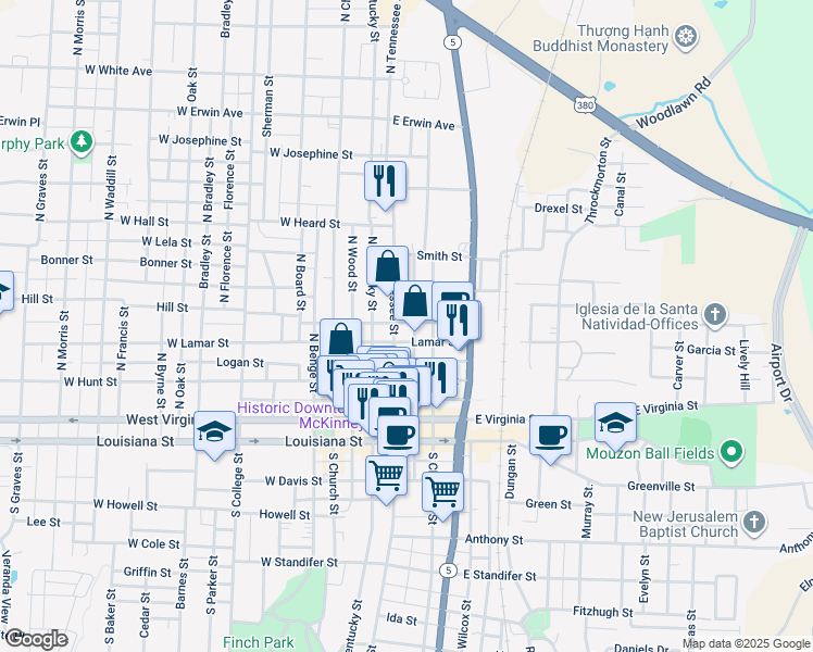 map of restaurants, bars, coffee shops, grocery stores, and more near 101 East Walker Street in McKinney