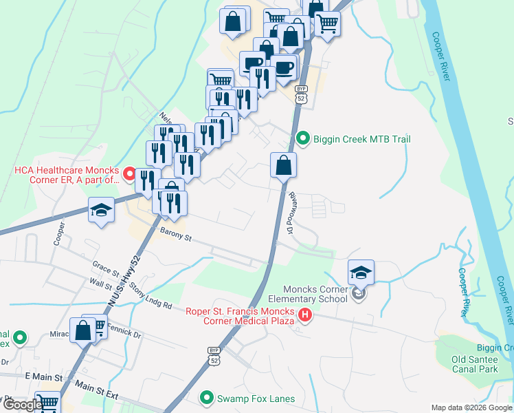 map of restaurants, bars, coffee shops, grocery stores, and more near 116 Journeys End Lane in Moncks Corner