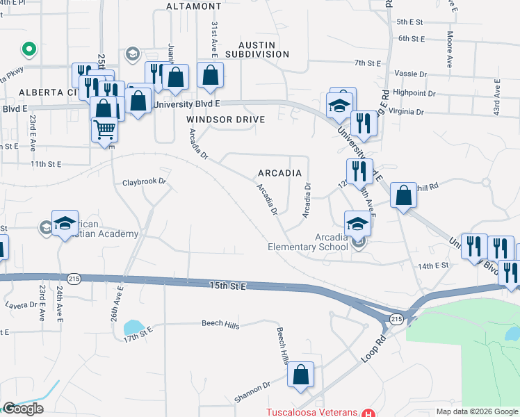 map of restaurants, bars, coffee shops, grocery stores, and more near 3331 Arcadia Drive in Tuscaloosa