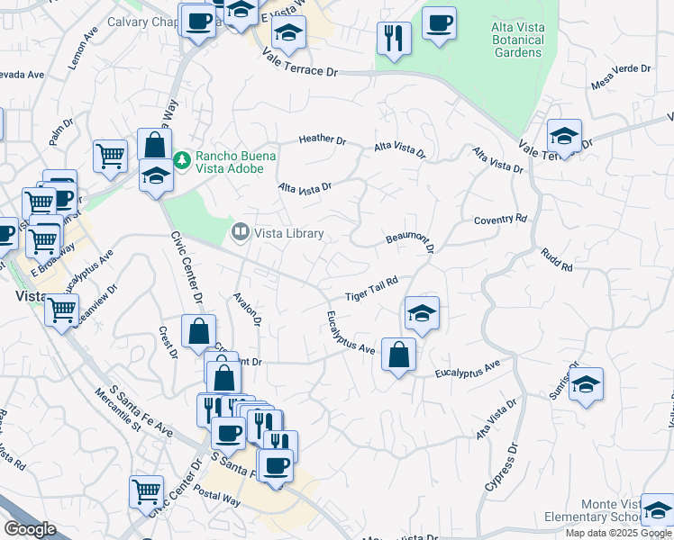 map of restaurants, bars, coffee shops, grocery stores, and more near 996 Marlin Drive in Vista