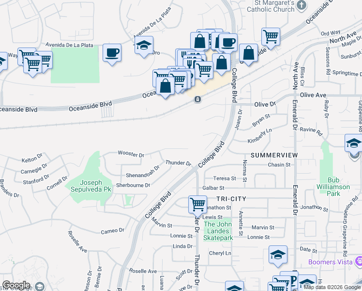 map of restaurants, bars, coffee shops, grocery stores, and more near 4080 Wooster Drive in Oceanside