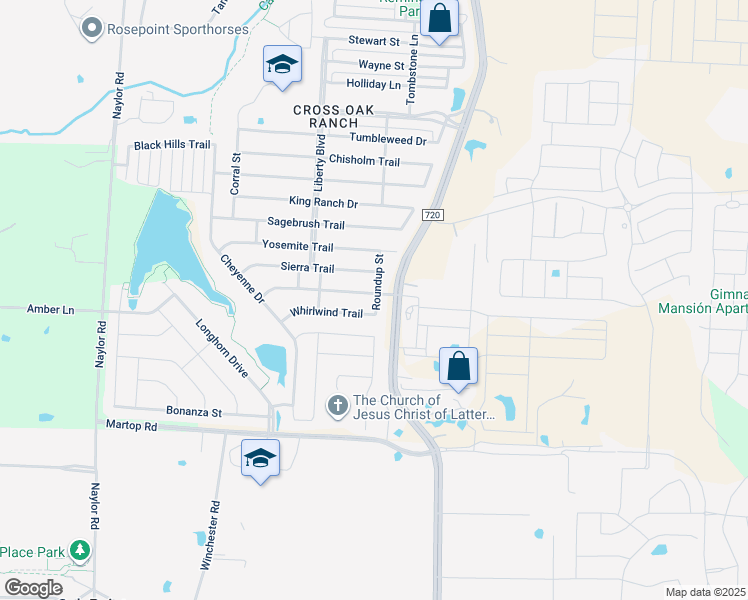 map of restaurants, bars, coffee shops, grocery stores, and more near 8928 Trailblazer Drive in Cross Roads