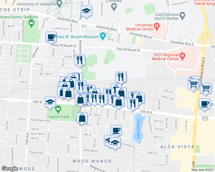 map of restaurants, bars, coffee shops, grocery stores, and more near 1318 Cloverdale Road in Tuscaloosa