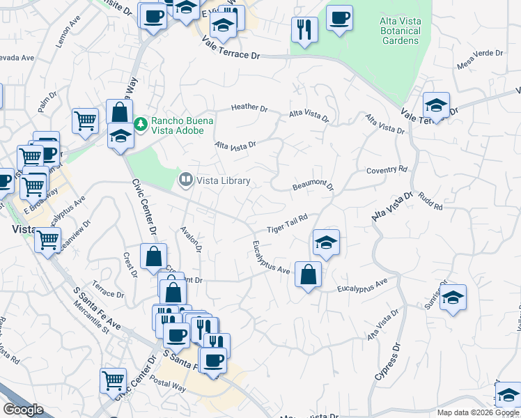 map of restaurants, bars, coffee shops, grocery stores, and more near 996 Marlin Drive in Vista