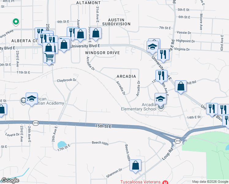 map of restaurants, bars, coffee shops, grocery stores, and more near 3331 Arcadia Drive in Tuscaloosa