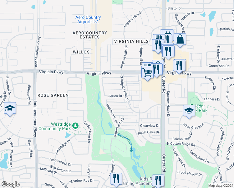 map of restaurants, bars, coffee shops, grocery stores, and more near 9320 Jerico Drive in McKinney