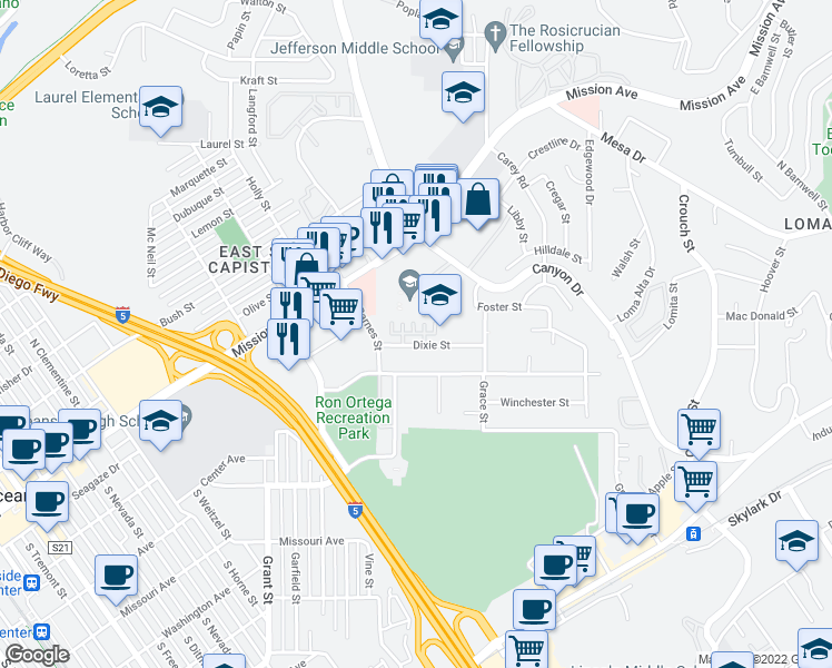 map of restaurants, bars, coffee shops, grocery stores, and more near 1786 Jasmine Way in Oceanside