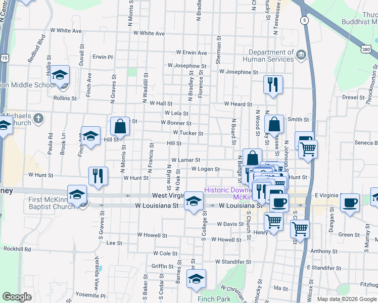 map of restaurants, bars, coffee shops, grocery stores, and more near 408 Bradley Street in McKinney