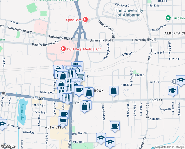 map of restaurants, bars, coffee shops, grocery stores, and more near 1022 13th Street East in Tuscaloosa