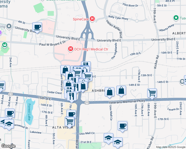 map of restaurants, bars, coffee shops, grocery stores, and more near 918 13th Street East in Tuscaloosa