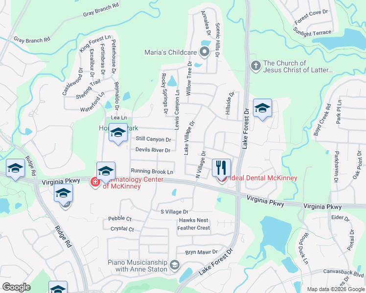 map of restaurants, bars, coffee shops, grocery stores, and more near 225 Lake Village Drive in McKinney