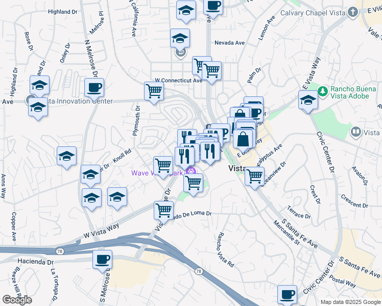 map of restaurants, bars, coffee shops, grocery stores, and more near 420 Vista Village Drive in Vista