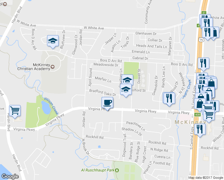 map of restaurants, bars, coffee shops, grocery stores, and more near 2809 Rosewood Boulevard in McKinney