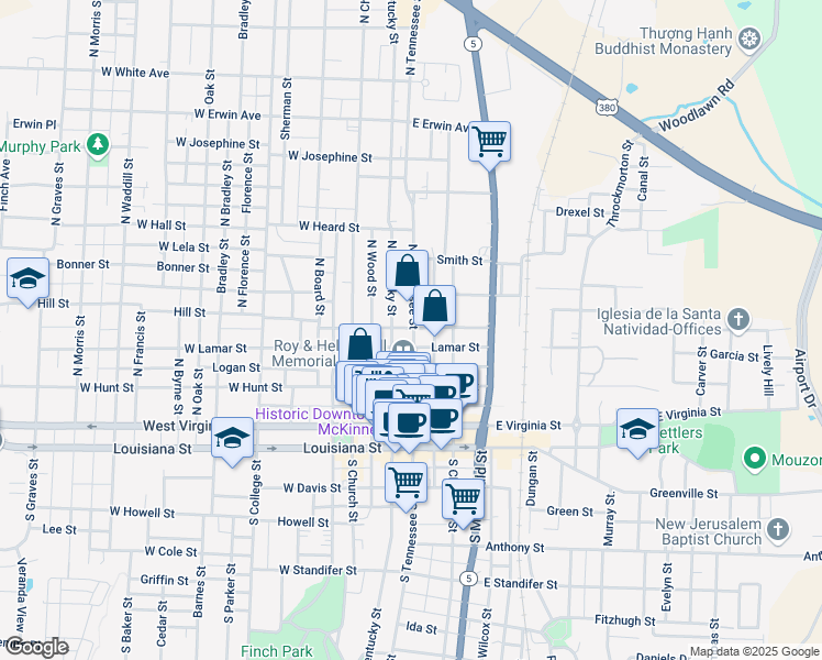 map of restaurants, bars, coffee shops, grocery stores, and more near 101 East Walker Street in McKinney