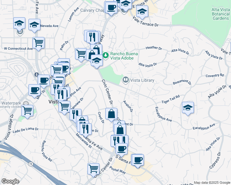 map of restaurants, bars, coffee shops, grocery stores, and more near 703 Windsor Court in Vista