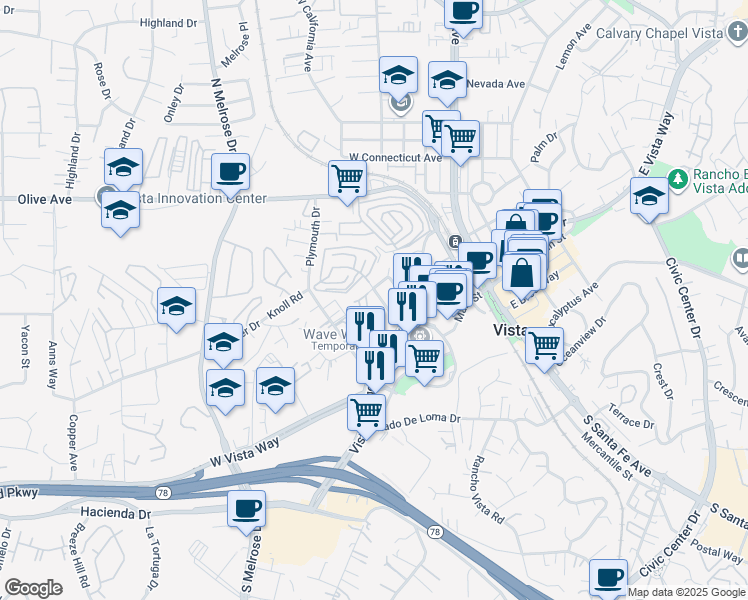 map of restaurants, bars, coffee shops, grocery stores, and more near 160 Plymouth Heights in Vista
