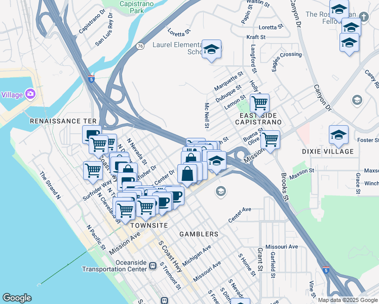 map of restaurants, bars, coffee shops, grocery stores, and more near 421 North Weitzel in Oceanside
