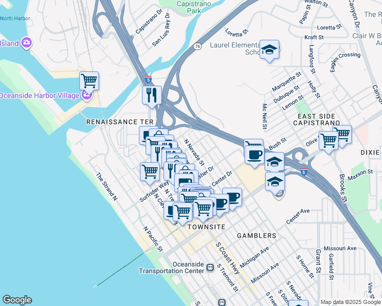map of restaurants, bars, coffee shops, grocery stores, and more near 614 North Ditmar Street in Oceanside