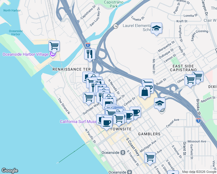 map of restaurants, bars, coffee shops, grocery stores, and more near 614 North Ditmar Street in Oceanside