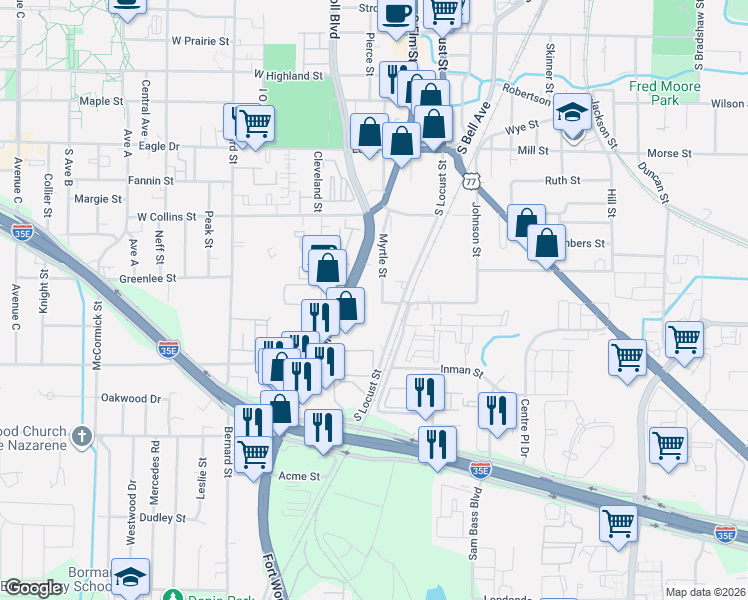 map of restaurants, bars, coffee shops, grocery stores, and more near 1400 Myrtle Street in Denton