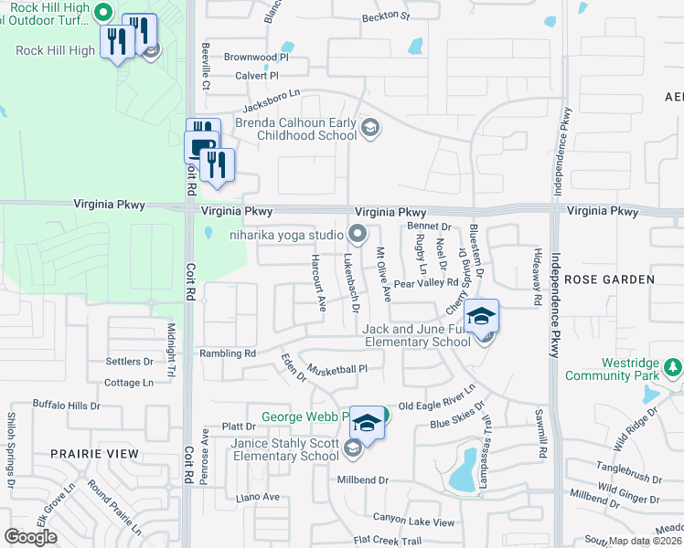 map of restaurants, bars, coffee shops, grocery stores, and more near 317 Rustic Oak Lane in McKinney