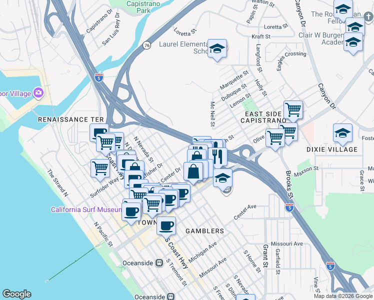 map of restaurants, bars, coffee shops, grocery stores, and more near 421 North Weitzel in Oceanside