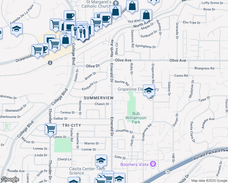 map of restaurants, bars, coffee shops, grocery stores, and more near 1755 Cameo Drive in Vista