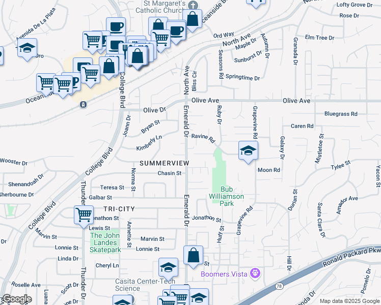 map of restaurants, bars, coffee shops, grocery stores, and more near 1755 Cameo Drive in Vista