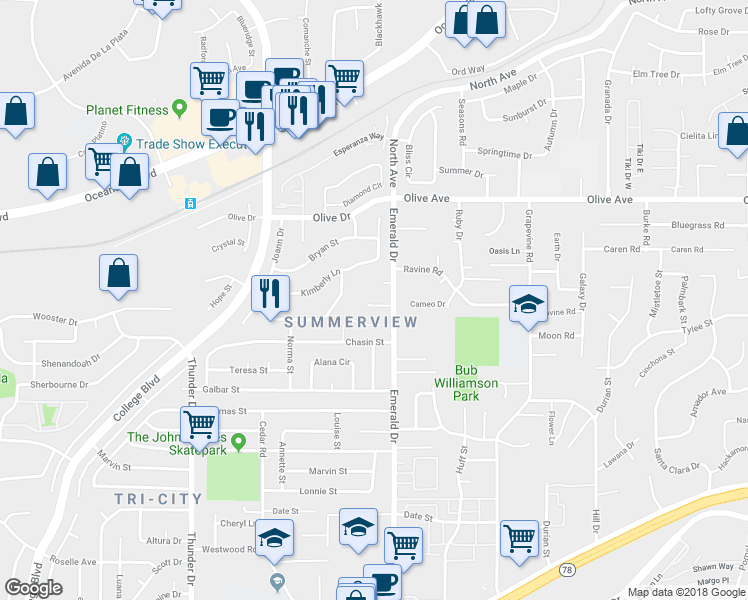 map of restaurants, bars, coffee shops, grocery stores, and more near 4204 Borra Court in Oceanside