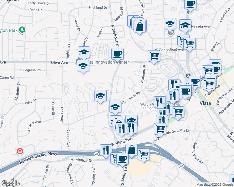 map of restaurants, bars, coffee shops, grocery stores, and more near 313 North Melrose Drive in Vista