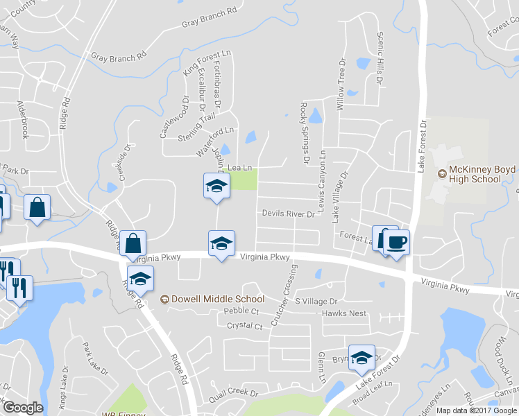 map of restaurants, bars, coffee shops, grocery stores, and more near 5508 Devils River Drive in McKinney