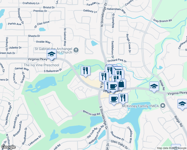 map of restaurants, bars, coffee shops, grocery stores, and more near 7210 Linkside Point Drive in McKinney