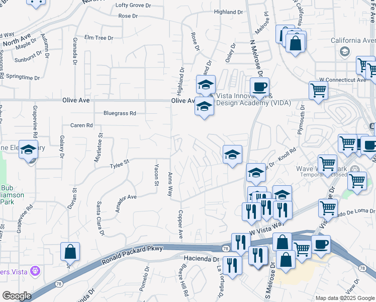 map of restaurants, bars, coffee shops, grocery stores, and more near 440 Delta Lane in Vista