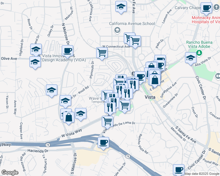 map of restaurants, bars, coffee shops, grocery stores, and more near 142 Camino Corto in Vista