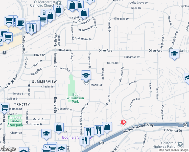 map of restaurants, bars, coffee shops, grocery stores, and more near 1448 Pluto Road in Vista