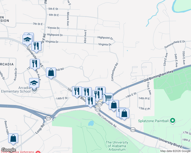 map of restaurants, bars, coffee shops, grocery stores, and more near 4326 Ridgewood Road in Tuscaloosa