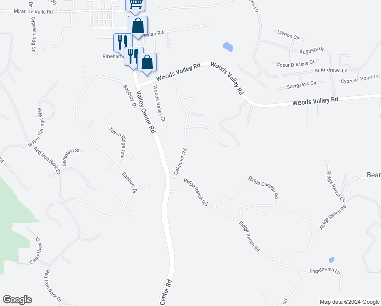map of restaurants, bars, coffee shops, grocery stores, and more near 27037 Oakmont Road in Valley Center
