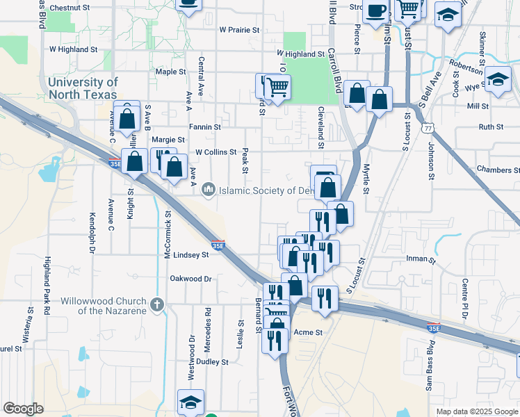 map of restaurants, bars, coffee shops, grocery stores, and more near 1304 Bernard Street in Denton