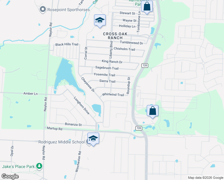 map of restaurants, bars, coffee shops, grocery stores, and more near 8800 Trailblazer Drive in Cross Roads