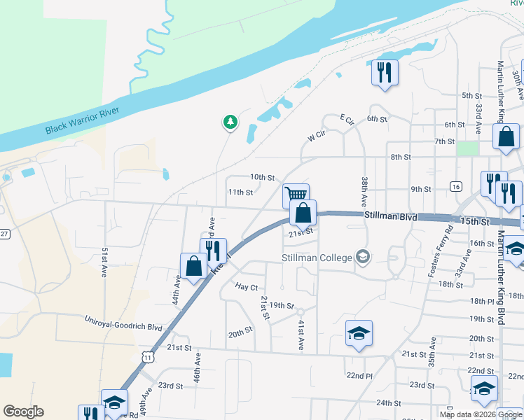 map of restaurants, bars, coffee shops, grocery stores, and more near 4099 15th Street Northeast in Tuscaloosa