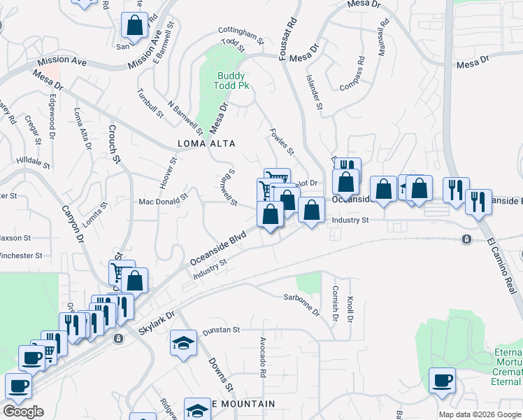 map of restaurants, bars, coffee shops, grocery stores, and more near 540 South Barnwell Street in Oceanside