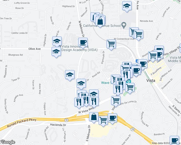 map of restaurants, bars, coffee shops, grocery stores, and more near in Vista