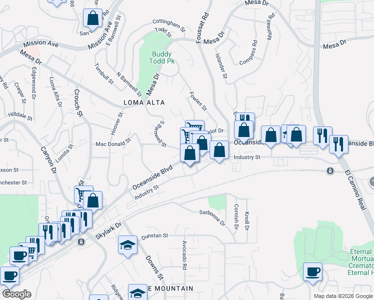 map of restaurants, bars, coffee shops, grocery stores, and more near 537 South Barnwell Street in Oceanside