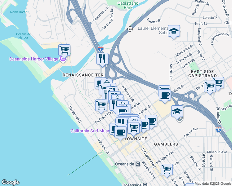 map of restaurants, bars, coffee shops, grocery stores, and more near 704 North Freeman Street in Oceanside