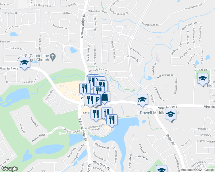 map of restaurants, bars, coffee shops, grocery stores, and more near 6530 Virginia Parkway in McKinney