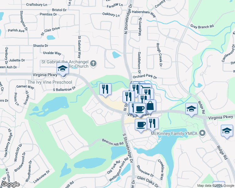 map of restaurants, bars, coffee shops, grocery stores, and more near 195 North Stonebridge Drive in McKinney