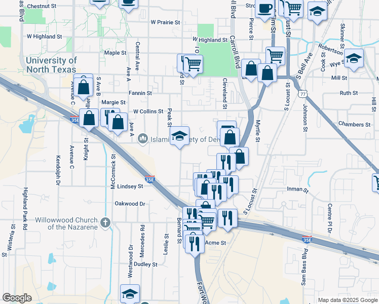 map of restaurants, bars, coffee shops, grocery stores, and more near 1304 Bernard Street in Denton