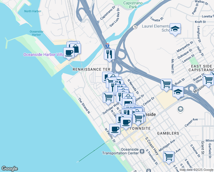 map of restaurants, bars, coffee shops, grocery stores, and more near 815 North Coast Highway in Oceanside