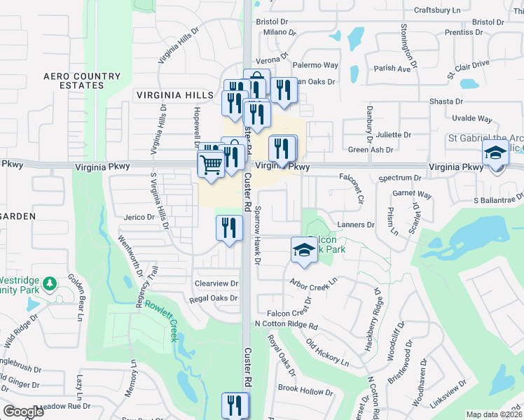 map of restaurants, bars, coffee shops, grocery stores, and more near 203 Sparrow Hawk Drive in McKinney
