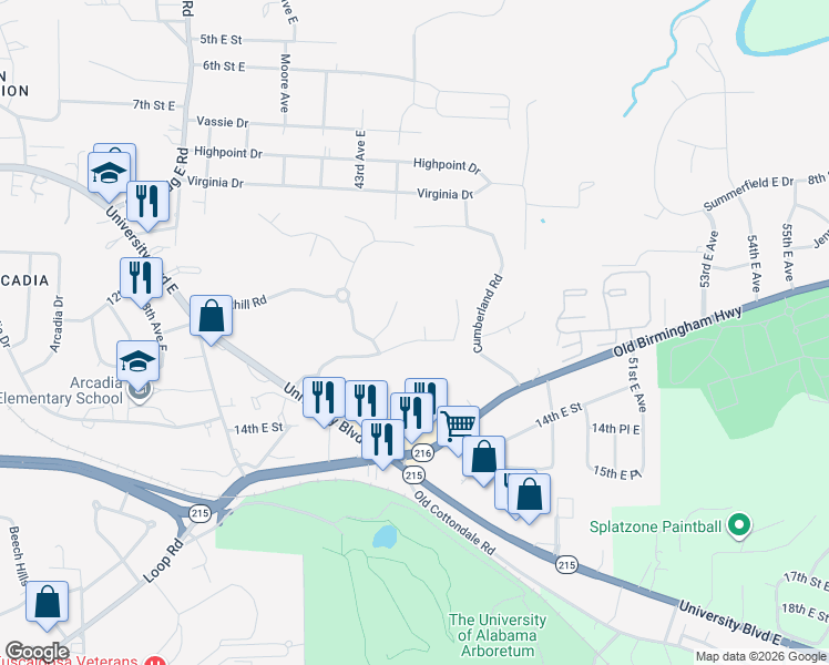 map of restaurants, bars, coffee shops, grocery stores, and more near 4326 Ridgewood Road in Tuscaloosa